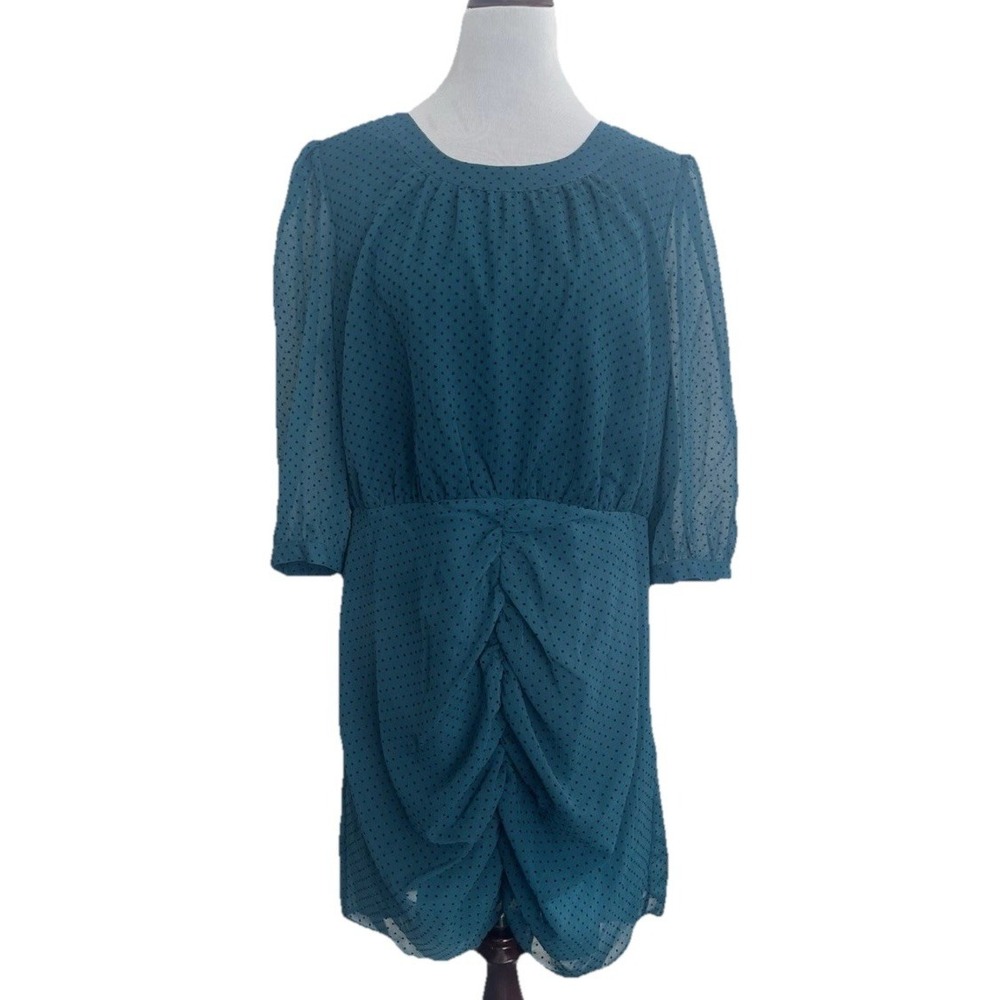 Teal‎ Polka Dot Ruched Front Dress Puff Sleeve Midi Dress | Women's Size L